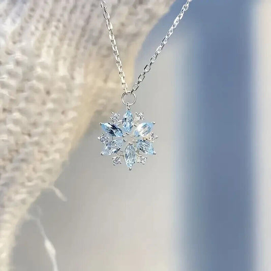 Sky Blue Rhinestone Snowflake Design Pendant Necklace Silver Chain Necklace