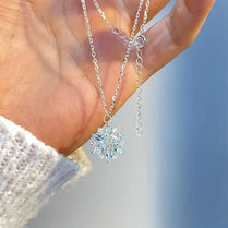 Sky Blue Rhinestone Snowflake Design Pendant Necklace Silver Chain Necklace