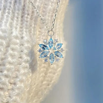 Sky Blue Rhinestone Snowflake Design Pendant Necklace Silver Chain Necklace