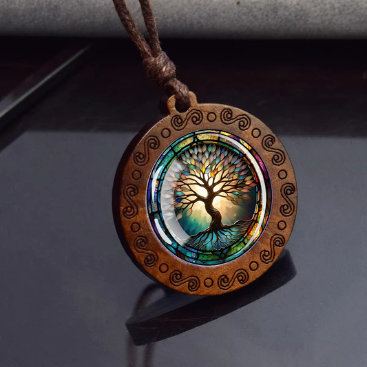 Boho Classic Tree Of Life Ethnic Spiritual Wooden Pendant Encased Glass Dome Bohemian Unisex Necklace Adjustable 45-86cm