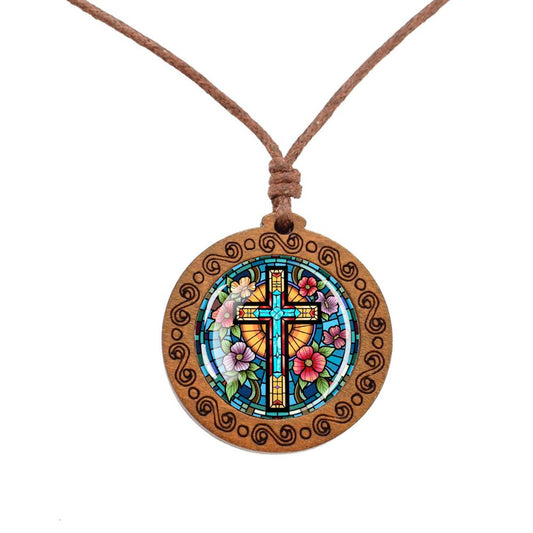 Boho Ethnic Cross Ethnic Spiritual Wooden Pendant Encased Glass Dome Bohemian Unisex Necklace Adjustable 45-86cm