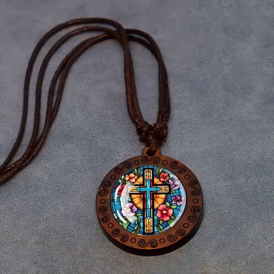 Boho Ethnic Cross Wooden Pendant Necklace Men's Women's Jewellery