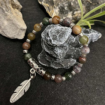 Boho Men's Leaf Charm Hand-Woven Natural Onyx Beaded Bracelet