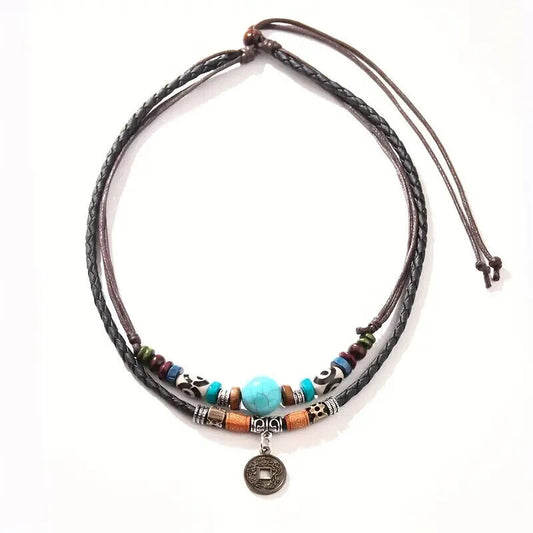 PU Leather Natural Boho Coin Necklace Pendant, Wooden Beads, Ethnic, Long Chain