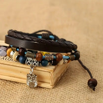 Boho Owl Charm PU Leather Wooden Beaded Adjustable Bracelet