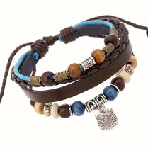 Boho Owl Charm PU Leather Wooden Beaded Adjustable Bracelet