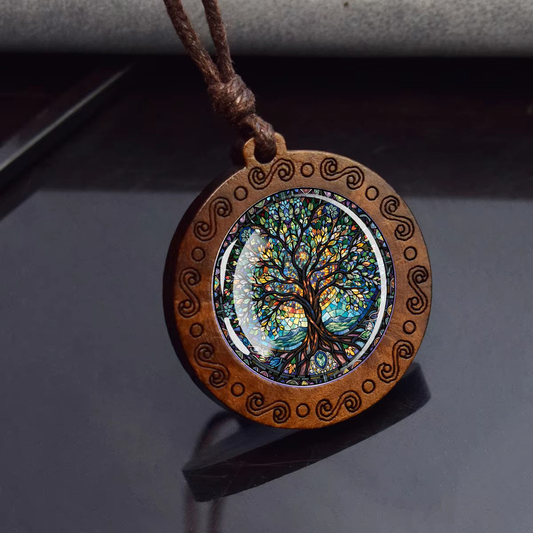 Boho Tree Of Life Ethnic Spiritual Wooden Pendant Encased Glass Dome Bohemian Unisex Necklace Adjustable 45-86cm