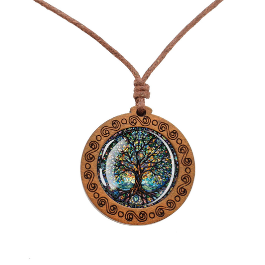 Boho Tree Of Life Ethnic Spiritual Wooden Pendant Encased Glass Dome Bohemian Unisex Necklace Adjustable 45-86cm