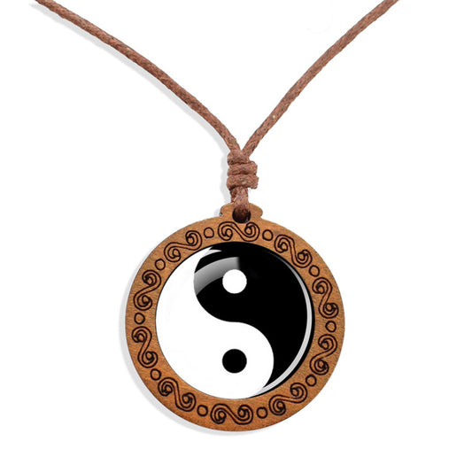 Boho Yin Yang Ethnic Spiritual Wooden Pendant Encased Glass Dome Bohemian Unisex Necklace Adjustable 45-86cm