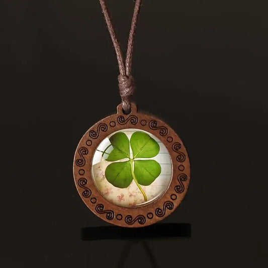 Boho Lucky Leaf Clover Shamrock Wooden Pendant Necklace Men's Women's Jewellery