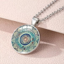 Buddhism Chakra Mandala Vintage Glass Dome Necklace Cabochon Pendant Chain Necklace