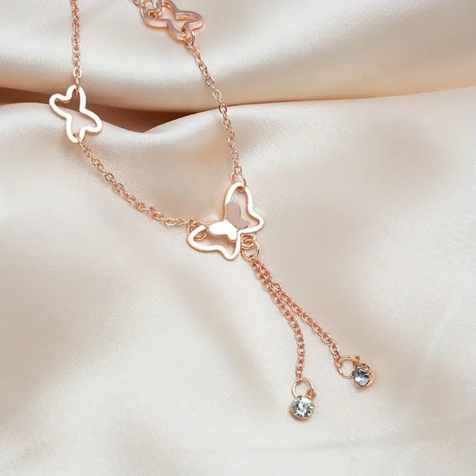 Butterfly Pendant Rose Gold Thin Chain Crystal Rhinestone Adjustable Anklet