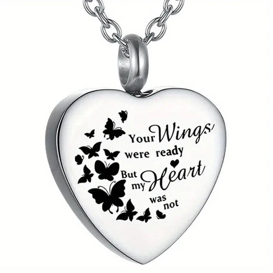 Butterfly Wings Your Wings Were Ready Cremation Urn Necklace Pendant Ashes Memorial Locket Keepsake in Stainless Steel