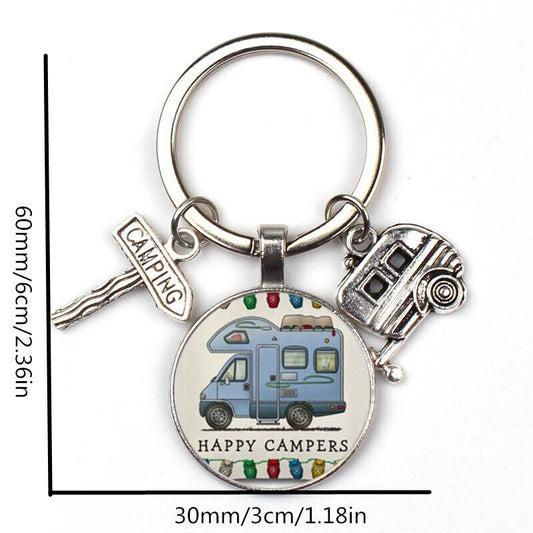 Happy Campers Keychain Camping Van Glass Travel Vacation Charm Keyring