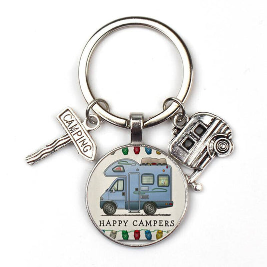 Happy Campers Keychain Camping Van Glass Travel Vacation Charm Keyring