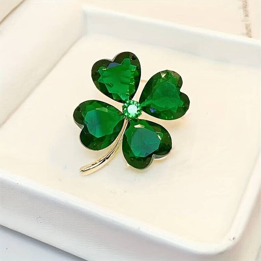 Lucky Clover Leaf Irish Brooch Green Shamrock Four Leaf Clover Crystal 2.8x3.4cm