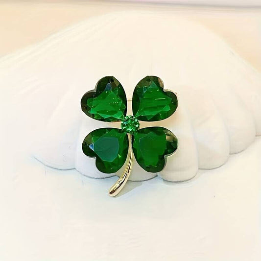 Lucky Clover Leaf Irish Brooch Green Shamrock Four Leaf Clover For Women Crystal Pin St. Patrick's Day Blouse Dress Coat Scarf Brooch Gift For Mum Grandma Aunt 2.8 x 3.4cm