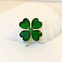 Lucky Clover Leaf Irish Brooch Green Shamrock Four Leaf Clover Crystal 2.8x3.4cm