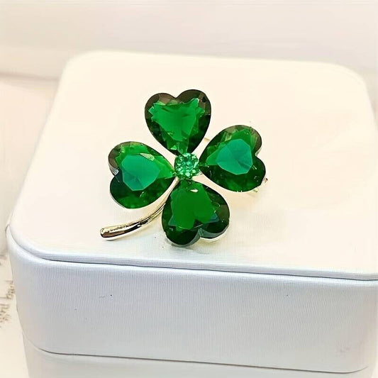 Lucky Clover Leaf Irish Brooch Green Shamrock Four Leaf Clover Crystal 2.8x3.4cm