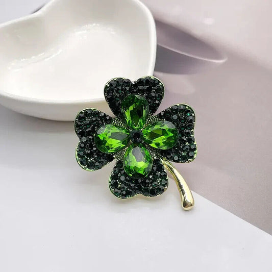 Lucky Clover Leaf Irish Brooch, Green Shamrock Four Leaf Clover Crystal 4.2x5cm