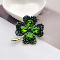 Lucky Clover Leaf Irish Brooch, Green Shamrock Four Leaf Clover Crystal 4.2x5cm