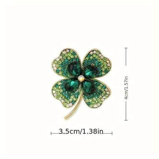 Lucky Clover Leaf Irish Brooch Green Shamrock Four Leaf Clover Crystal 3.5 x 4cm