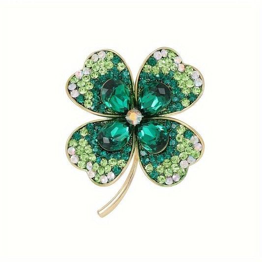 Lucky Clover Leaf Irish Brooch Green Shamrock Four Leaf Clover Crystal 3.5 x 4cm