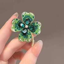 Lucky Clover Leaf Irish Brooch Green Shamrock Four Leaf Clover Crystal 3.5 x 4cm