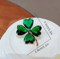 Lucky Clover Leaf Irish Brooch Green Shamrock Four Leaf Clover Crystal 2.8 x 3.3cm