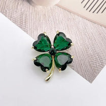 Lucky Clover Leaf Irish Brooch Green Shamrock Four Leaf Clover Crystal 2.7 x 3.1cm