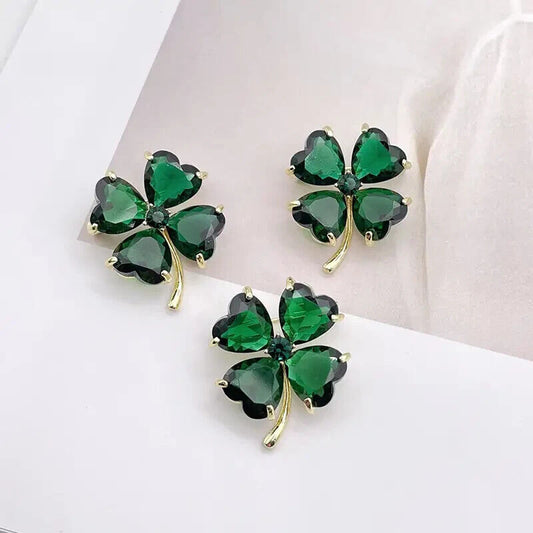 Lucky Clover Leaf Irish Brooch Green Shamrock Four Leaf Clover Crystal 2.7 x 3.1cm