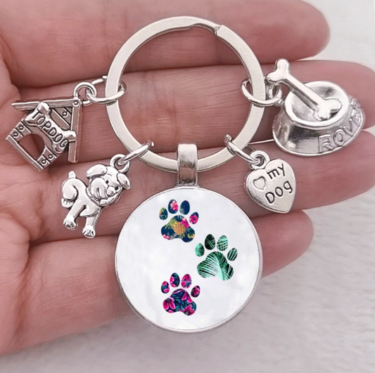 Cute Pet Dog Keychain Paw Dog Glass Top Dog House Charms Keyring