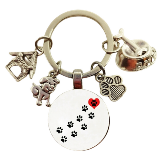 Cute Pet Dog Keychain Paw Prints Dog Glass Top Dog House Charms Keyring