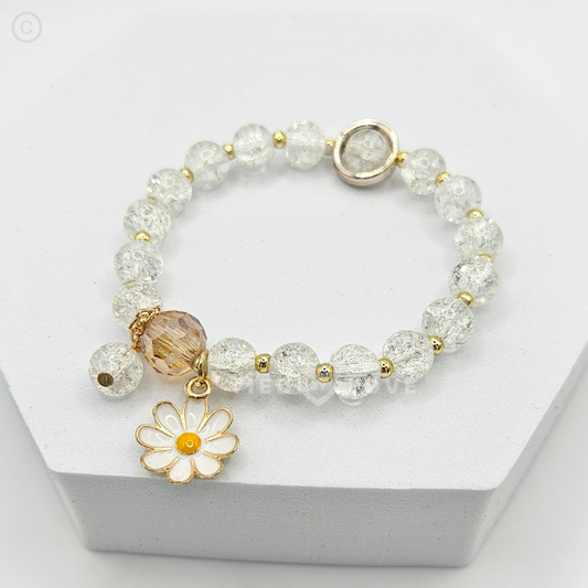 Stunning Real Glass Bead Stretch Bracelet with Daisy Flower Pendant