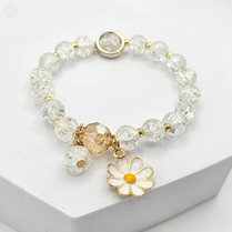 Stunning Real Glass Bead Stretch Bracelet with Daisy Flower Pendant