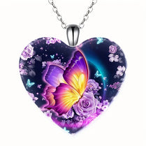 Delicate Elegant Butterfly Pattern Love Heart Crystal Pendant Necklace Gift