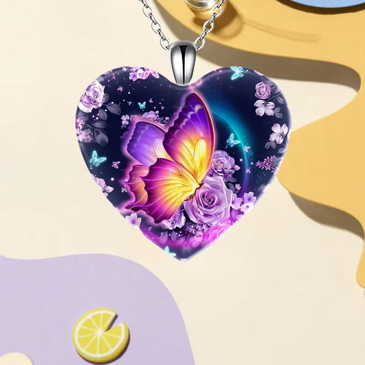 Delicate Elegant Butterfly Pattern Love Heart Crystal Pendant Necklace Gift