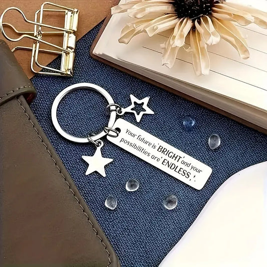 Engraved Future Is Bright Inspirational Stainless Steel Keychain With Star Charms