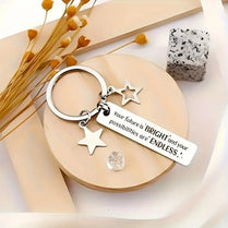 Engraved Future Is Bright Inspirational Stainless Steel Keychain With Star Charms