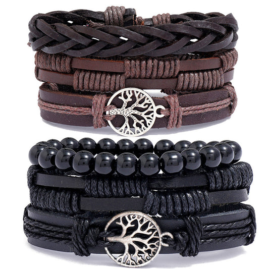 Ethnic Boho 3-Piece Set PU Leather Adjustable Bracelets with Tree of Life Charm Gothic Steampunk Bohemian Unisex Wristband in Brown & Black
