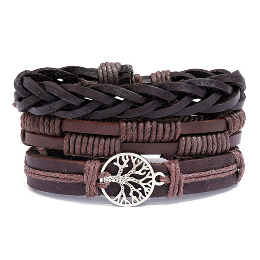 Ethnic Boho 3-Piece Set PU Leather Adjustable Bracelets with Tree of Life Charm Gothic Steampunk Bohemian Unisex Wristband in Brown & Black