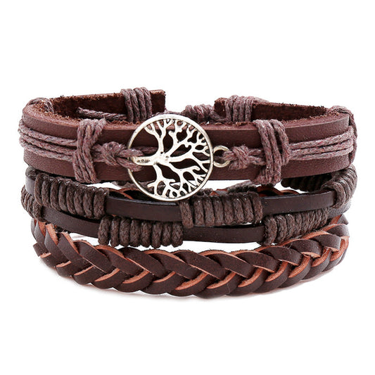 Ethnic Boho 3-Piece Set PU Leather Adjustable Bracelets with Tree of Life Charm Gothic Steampunk Bohemian Unisex Wristband in Brown