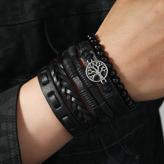 Ethnic Boho 5-Piece Set PU Leather Adjustable Bracelets with Tree of Life Charm Gothic Steampunk Bohemian Unisex Wristband in Brown & Black