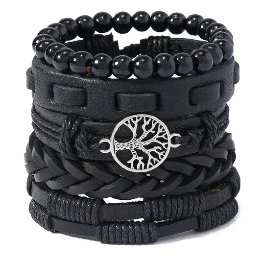 Ethnic Boho 5-Piece Set PU Leather Adjustable Bracelets with Tree of Life Charm Gothic Steampunk Bohemian Unisex Wristband in Brown & Black
