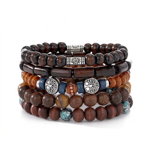 Ethnic Boho 5-Piece Set Wooden Beaded Bracelets with Tree of Life Charm Gothic Steampunk Bohemian Unisex Wristband