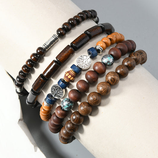 Ethnic Boho 5-Piece Set Wooden Beaded Bracelets with Tree of Life Charm Gothic Steampunk Bohemian Unisex Wristband