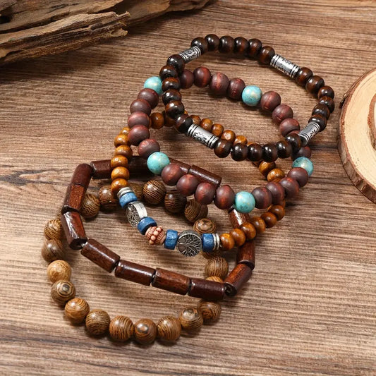 Ethnic Boho 5-Piece Set Wooden Beaded Bracelets with Tree of Life Charm