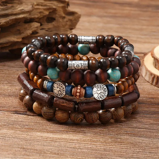 Ethnic Boho 5-Piece Set Wooden Beaded Bracelets with Tree of Life Charm