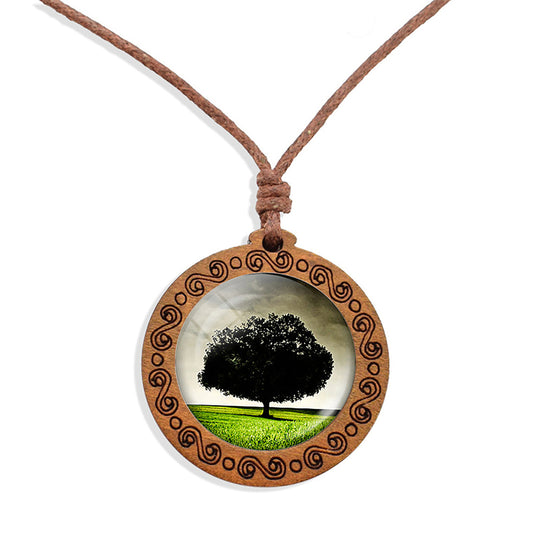 Countryside Tree Of Life Ethnic Spiritual Wooden Pendant Encased Glass Dome Bohemian Unisex Necklace Adjustable 45-86cm