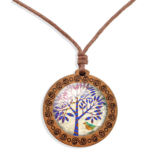Songbird Tree Of Life Ethnic Spiritual Wooden Pendant Encased Glass Dome Bohemian Unisex Necklace Adjustable 45-86cm